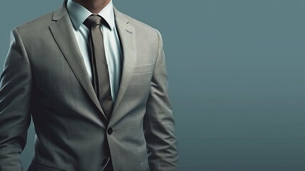 Torso of a male leader in a light grey business suit, emphasizing his role in innovative financial technologies like cryptocurrency