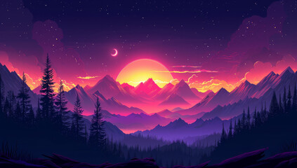 Beautiful Sunset Over Mountains in Minimalist Vector Art with Simple Forms