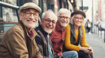 Obraz premium Elderly friends smiling in city setting showing positive emotions and togetherness. People group is casually dressed and enjoying urban background