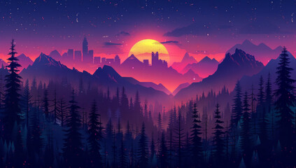 Stunning Vector Art of a Mountain Sunset in Simple Shapes and Soft Colors