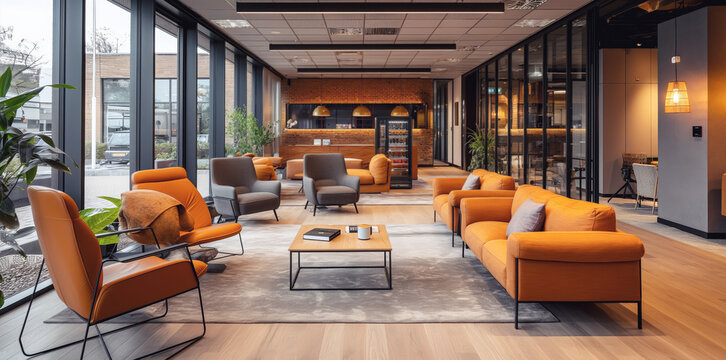 Modern office lounge with orange sofas and armchairs, featuring large windows and a cozy wooden interior. Ideal for casual business meetings and relaxation in a stylish environment