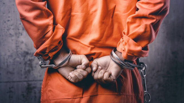 Person in orange prison jumpsuit handcuffed behind back symbolizing legal consequences and arrest. Closeup view emphasizes restraint and captivity
