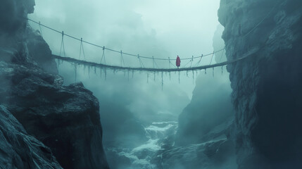 Person in red walking across misty rope bridge between cliffs above raging river. Mysterious and...