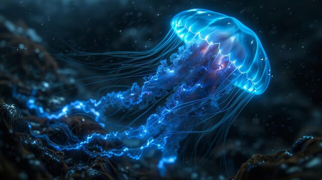 Conceptualize an alienlike jellyfish species, with an eerie, luminescent blue glow that illuminates the black waters around it