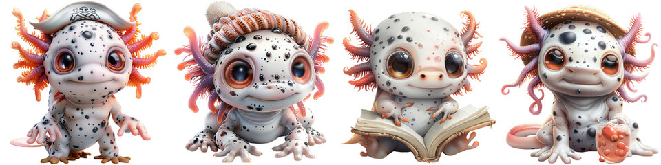 Axolotl character set with different activities, perfect for illustrating daily routines in children's books, on transparent background