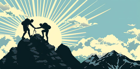Reaching New Heights Together: Illustration of a Silhouette of Man Helping Another Person Climb to the Top