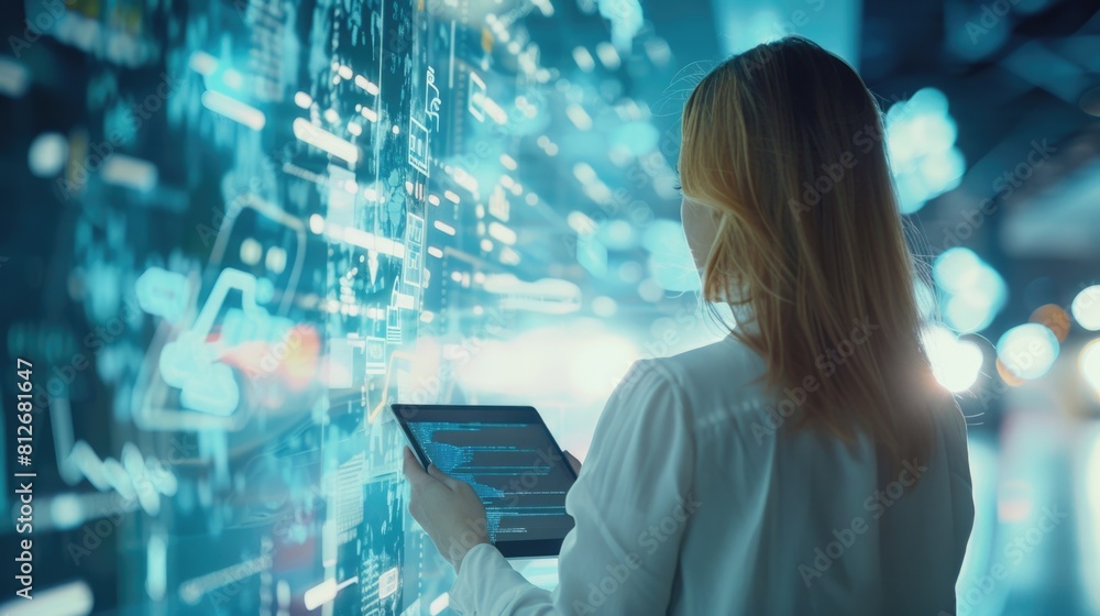 Poster a woman is using a tablet computer in a dark room. suitable for technology concepts