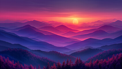Minimalist Vector Art of a Stunning Sunset Over Mountains in Simple Shapes