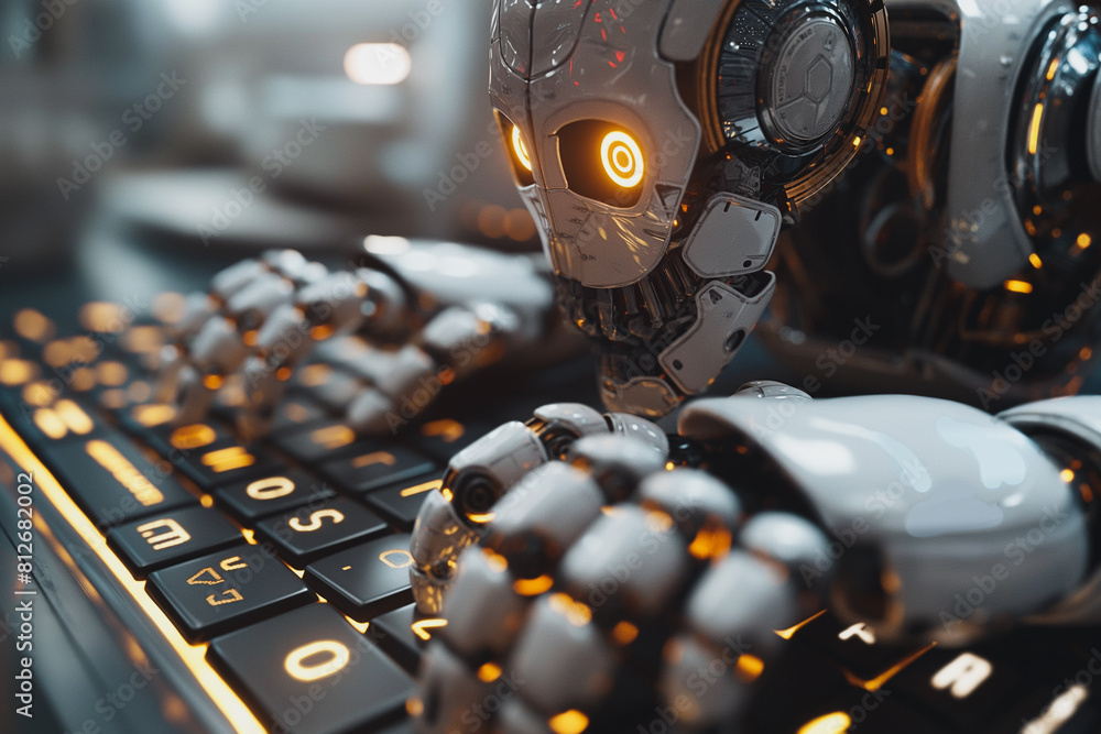 Poster a robot is typing on a keyboard with the letters o, s, and c on it