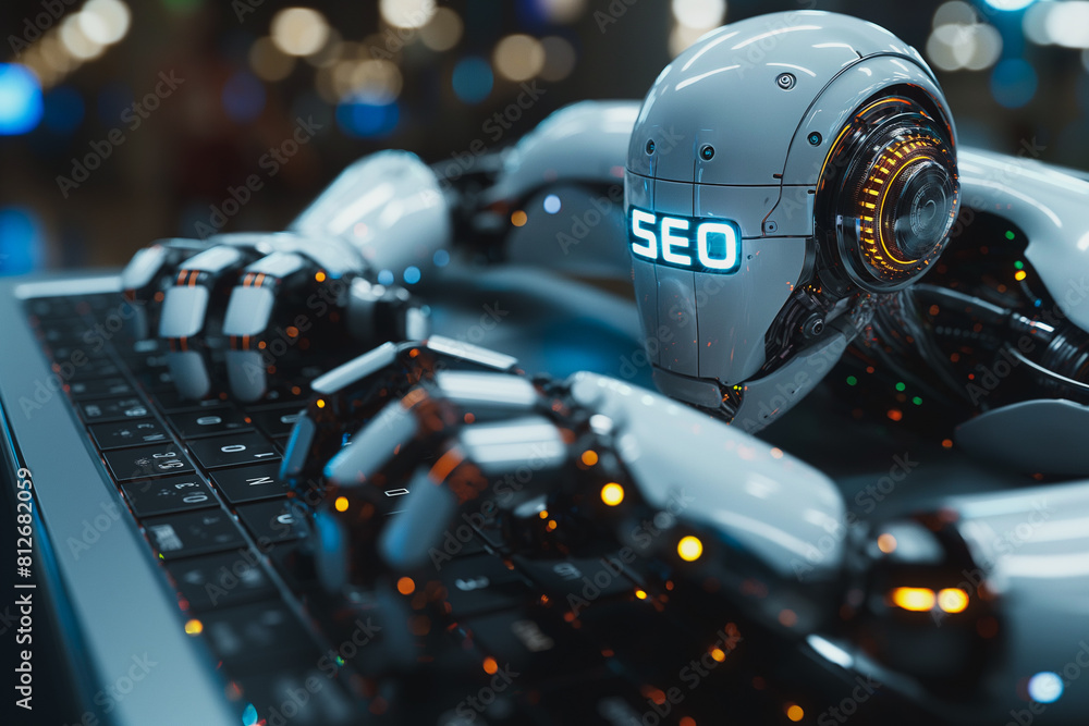 Aufkleber a robot is typing on a keyboard with the letters seo on it