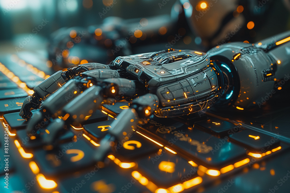 Poster a robot hand is on a keyboard with the letters c, g, and a visible