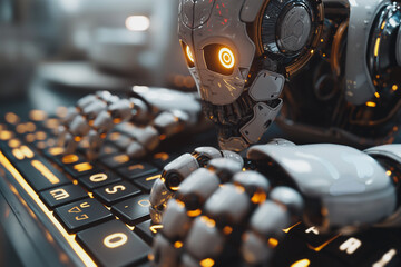 A robot is typing on a keyboard with the letters O, S, and C on it