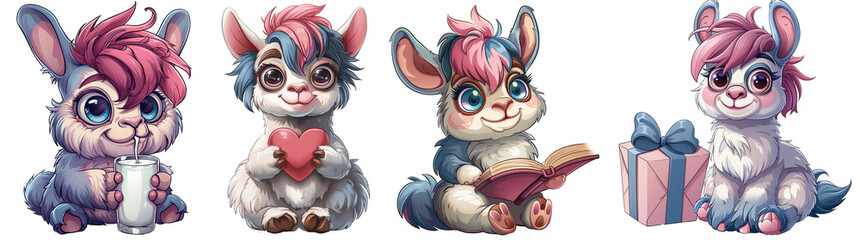 Obraz premium Baby llama character set, for animated series and children's story illustrations, on transparent background