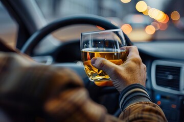 drunk driving concept man holding alcohol while driving blurred background with copy space social issue photography
