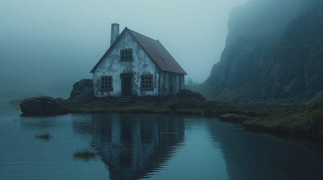 A small, dilapidated house sits on a rocky shoreline next to a body of water