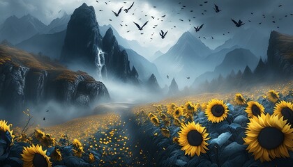 sunflower field in the mountains