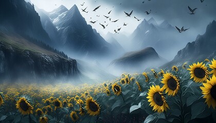 sunflower field in the mountains