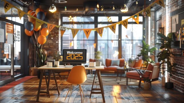 Festive office countdown to 2025 with balloons and clock. 2025 countdown