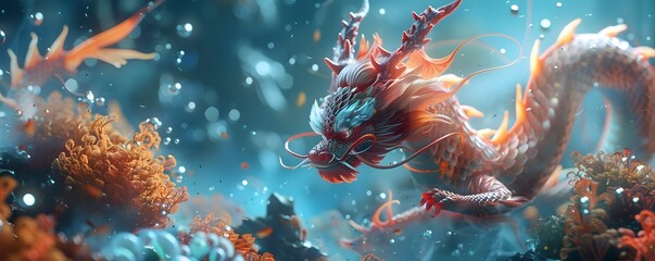 Majestic Chinese Dragon Guarding Mythical Pearl in Mystical Underwater Realm