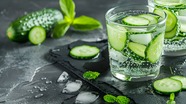 Healthy nutrition. Fresh mint cucamber detox water in glass in a wooden table background,ai generative