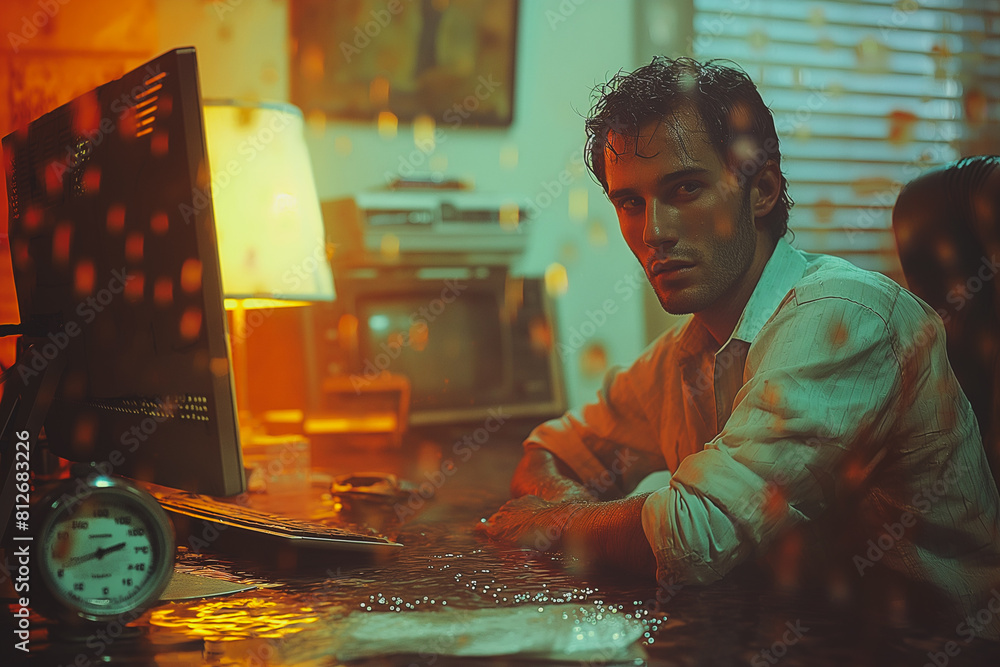 Poster a man is sitting at a desk with a computer monitor in front of him