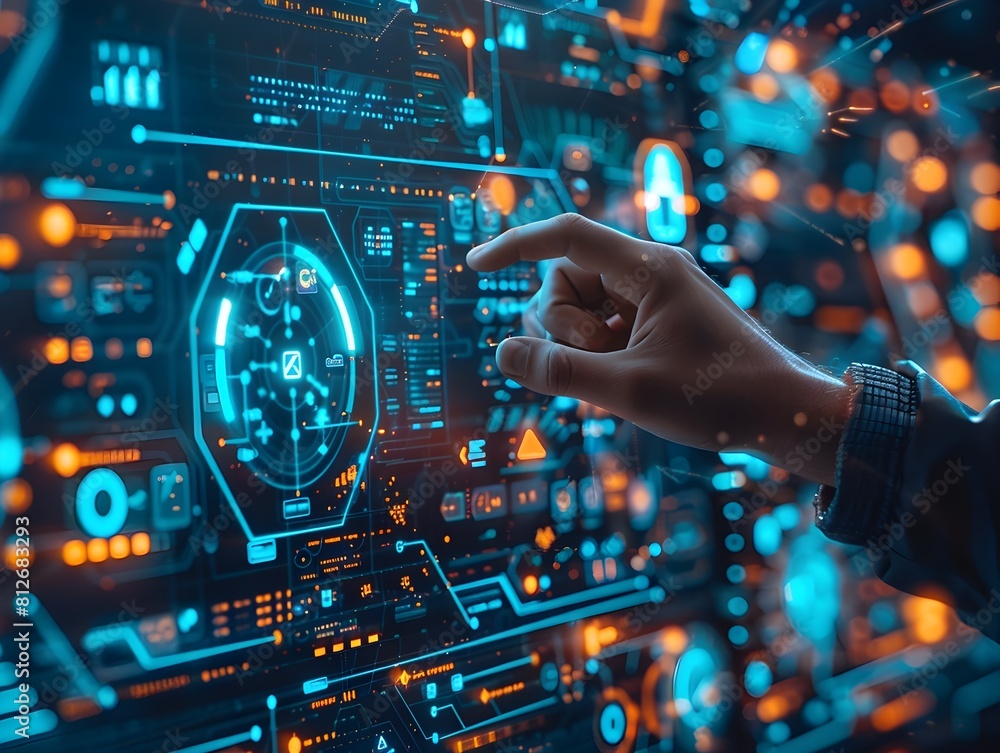 Poster cybersecurity expert monitoring high tech digital interface in advanced lab setting for technology c