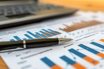 Close-up image showing financial data analysis with colorful charts, a pen, and a laptop