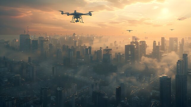 Futuristic Cityscape with Advanced Transportation Solutions Amidst Urban Landscape at Dusk