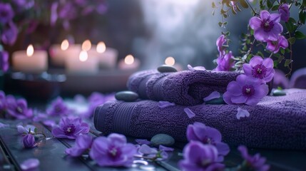 Spa setting decorated with purple flowers