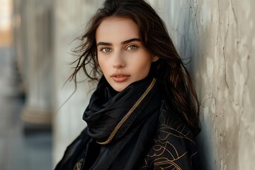 elegant woman wearing black scarf with gold trim fashionable accessory portrait photography