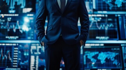 Fototapeta premium Professional male CEO in a navy blue suit, torso only visible, framed by a backdrop of glowing screens showing realtime crypto transactions