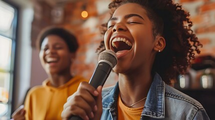 Joyful Family Singing and Laughing Together at Karaoke Night in Cozy Living Room