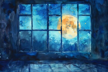 enchanting moonlit window with magical glow dreamy watercolor painting