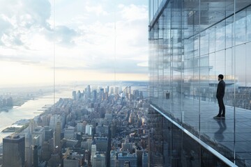 Fototapeta premium Man on the Edge: A sharply dressed businessman stands on the edge of a modern skyscraper, gazing over a sprawling cityscape with a look of contemplation and vision.