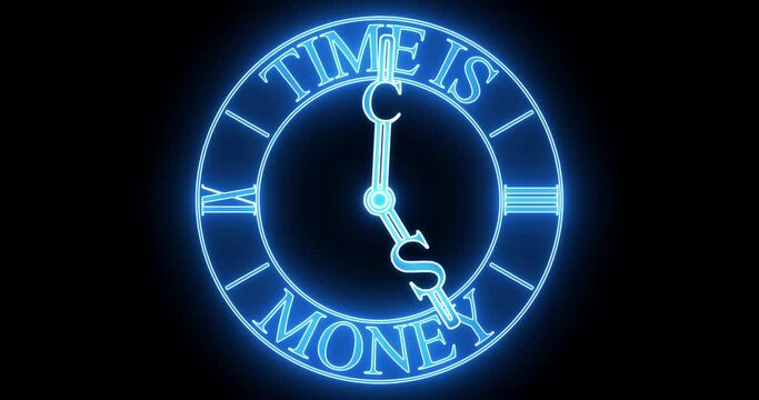Neon blue clock with a dollar sign hand, Time is Money.