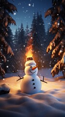 Obraz premium A snowman stands in a snowy forest. The snowman has a carrot for a nose, two black coal for eyes, a red scarf, and a fire flame on his head. The background is a snowy forest with snow-covered trees.