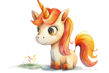 Wandcirkels Eenhoorn Cute cartoon unicorn with orange mane and tail. It is sitting on a green field with yellow flowers. The unicorn is looking at the viewer with its big, blue eyes. PNG transparent background.  © Anissa