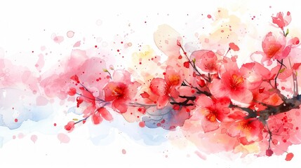 Watercolor pink cherry blossom background with copy space for text or design