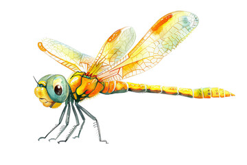 This is a beautiful dragonfly with a yellow body and green wings. It is a very detailed image and the dragonfly looks very realistic. PNG transparent background.