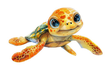 This is a cute cartoon sea turtle with big blue eyes. It has a yellow and orange shell with brown spots. It is smiling and looks happy. PNG transparent background.
