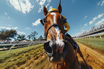 A dynamic image of a racehorse and jockey captured in the heat of a race, conveying intensity and...