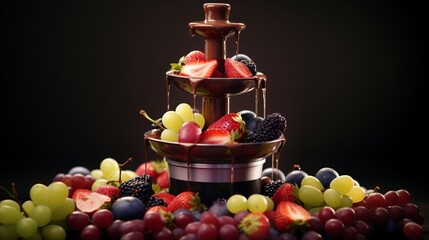A chocolate fountain surrounded by a colorful array of fresh fruits