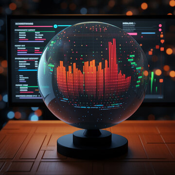High-tech 3D Excel dashboard, spherical scatter plots, augmented reality, daylight simulation