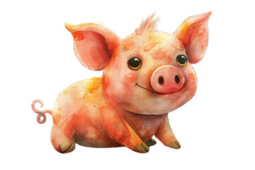 A cute cartoon pig with a pink body and a yellow face is sitting on a white background. The pig has its ears perked up and is looking at the viewer with a happy expression. PNG transparent background.