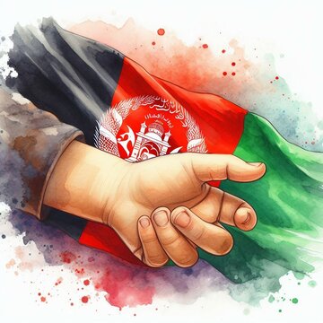 Watercolor illustration of a child's hand holding a Afghanistan flag.