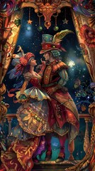 Fototapeta premium Vibrant Carnival Performers in Fantastical Costume Parade Under Starry Night Sky