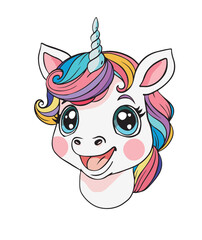 Head of a cute smiling baby unicorn with colorful mane, fantastic pony character, magical animal for stickers, prints. Magic cartoon vector illustration.