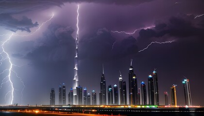 Dubai Skyline Amidst Thunderstorm Fury, Hand Edited Generative AI
