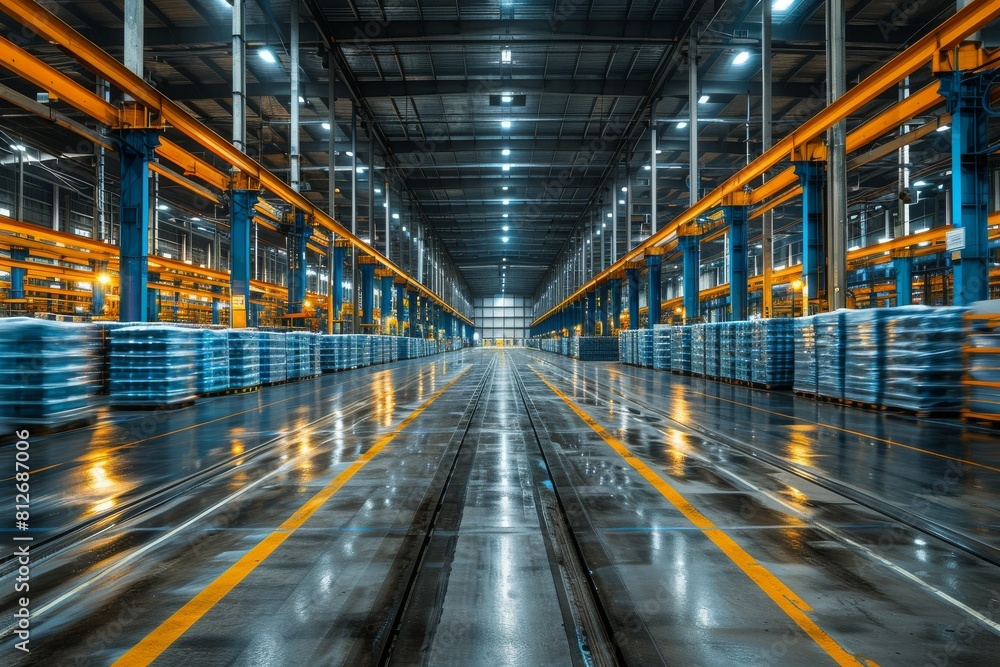 Poster symmetrical perspective down a warehouse aisle emphasizing linearity and repeating structures