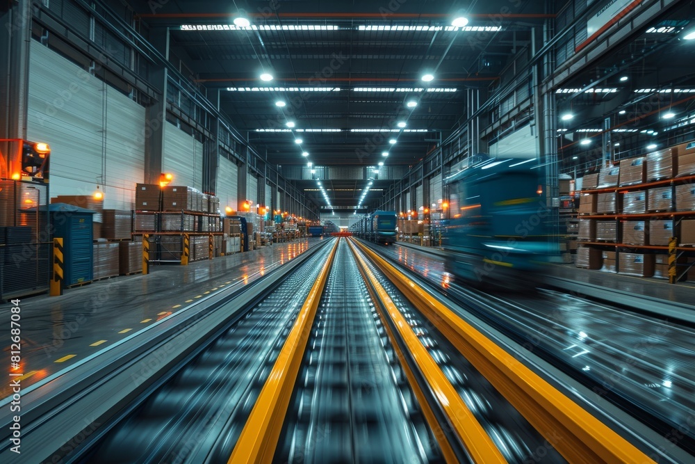Poster captured motion at a loading dock with a moving freight vehicle in a modern warehouse